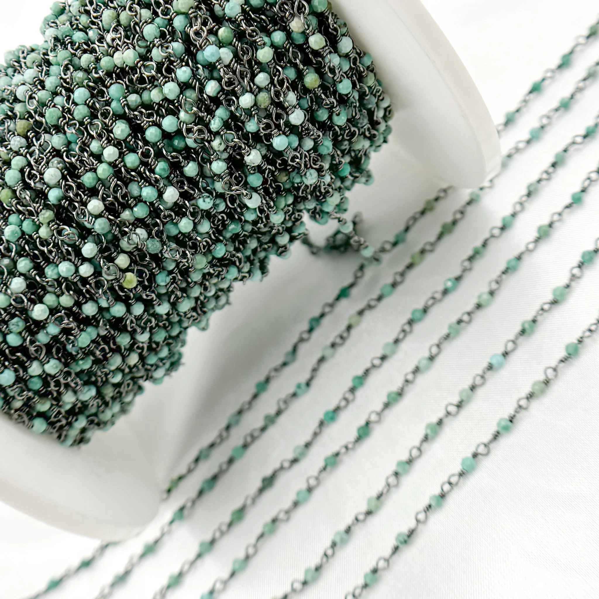 TRQ1. Black Rhodium 925 Sterling Silver and Natural Turquoise Wire Wrapped Bead Chain - Image 4
