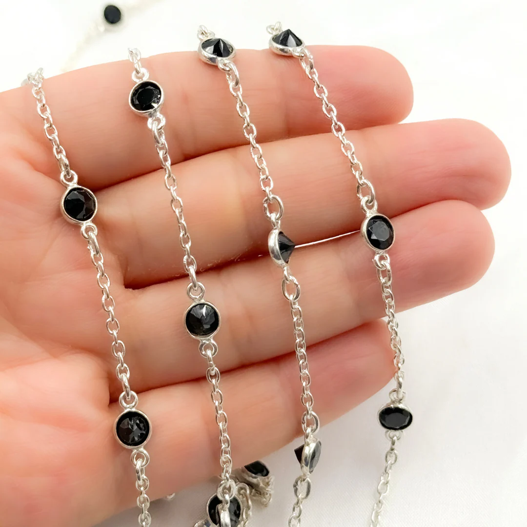 Black Spinel Round Shape Bezel 925 Sterling Silver Connected Wire Chain. BSP13 - Image 4