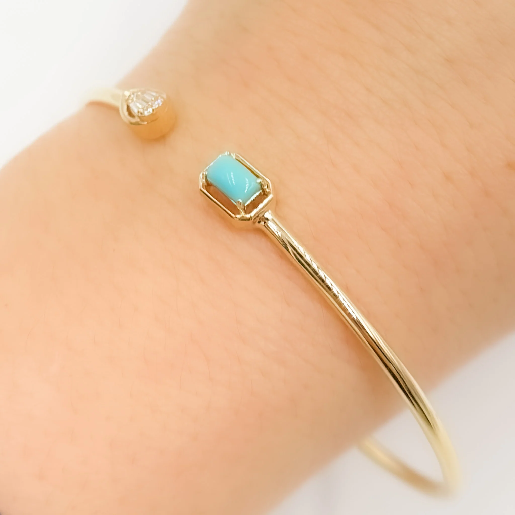 BNA68584TQ. 14K Solid Gold Diamond and Turquoise Open Bangle - Image 4