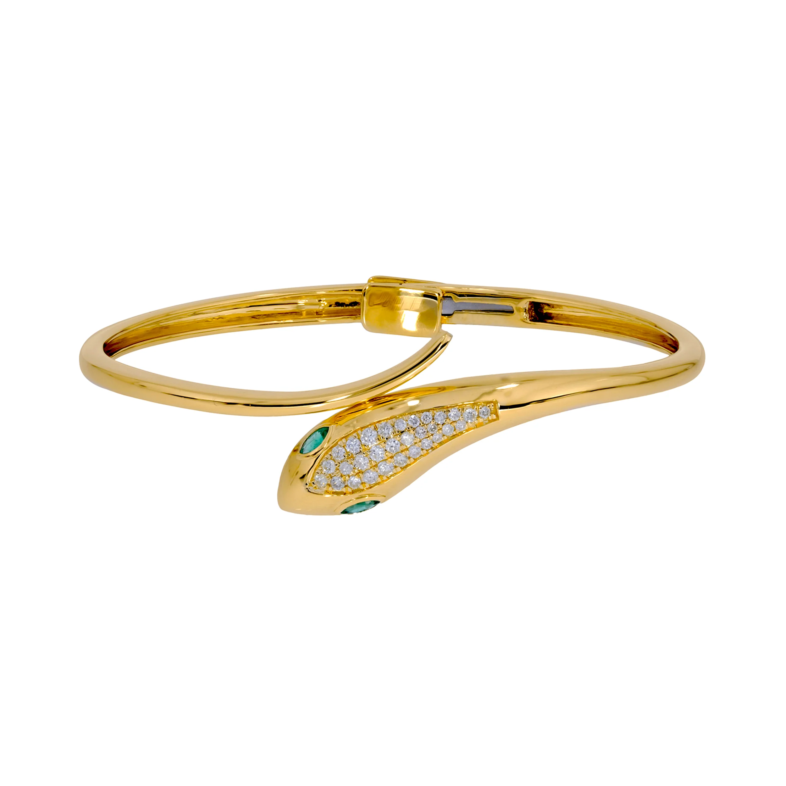 BNF68415EM. 14K Solid Gold Diamond and Emerald Snake Bangle