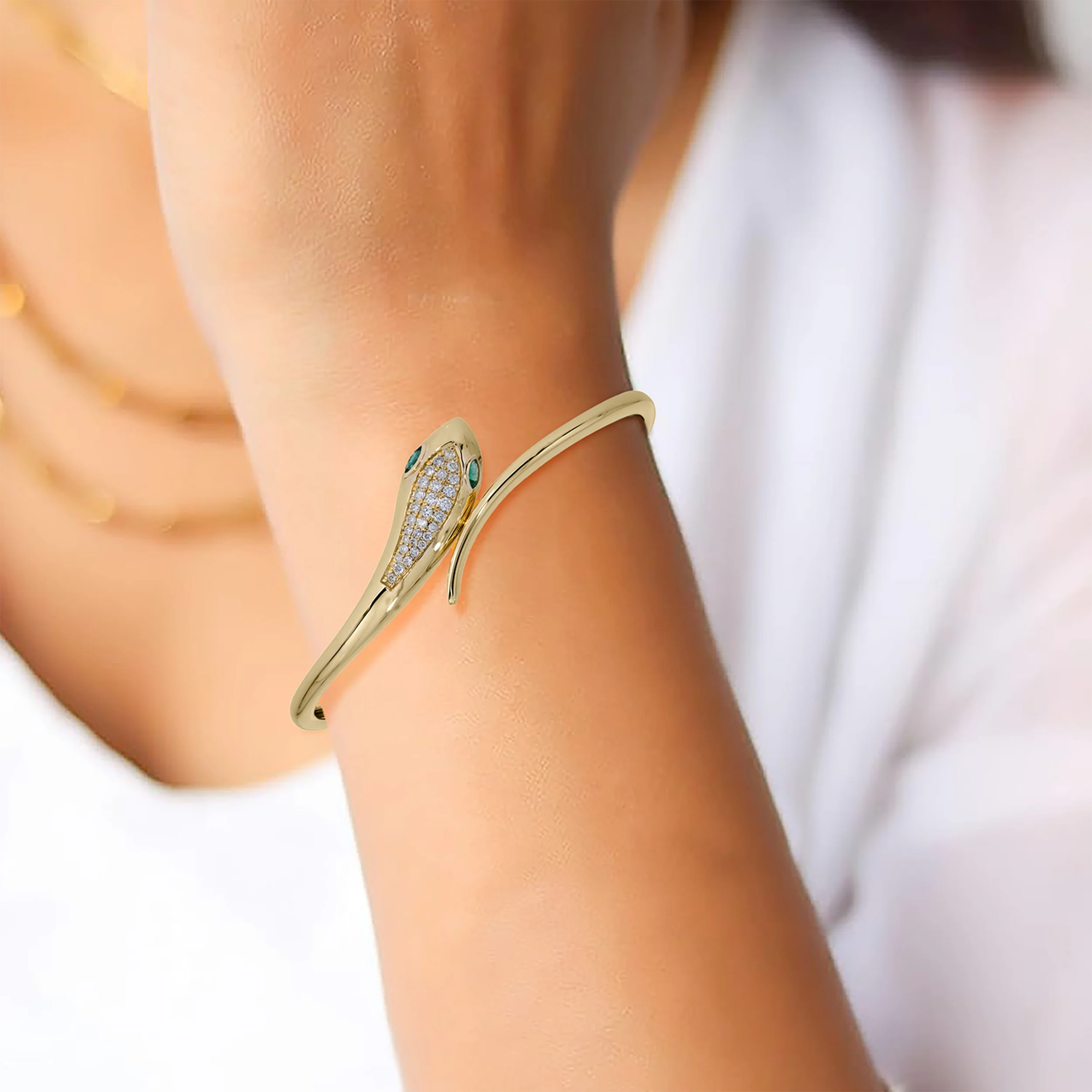 BNF68415EM. 14K Solid Gold Diamond and Emerald Snake Bangle - Image 2