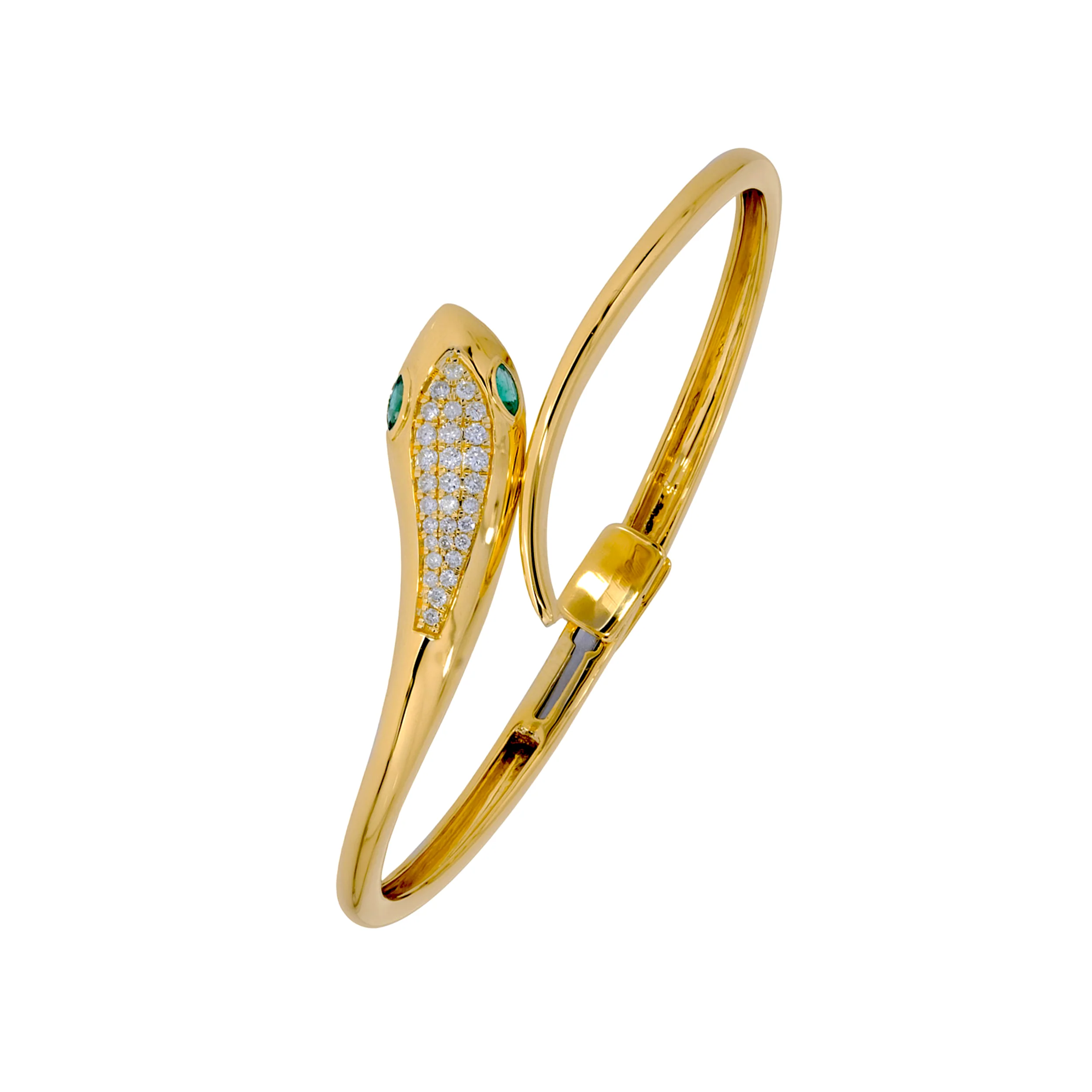 BNF68415EM. 14K Solid Gold Diamond and Emerald Snake Bangle - Image 3
