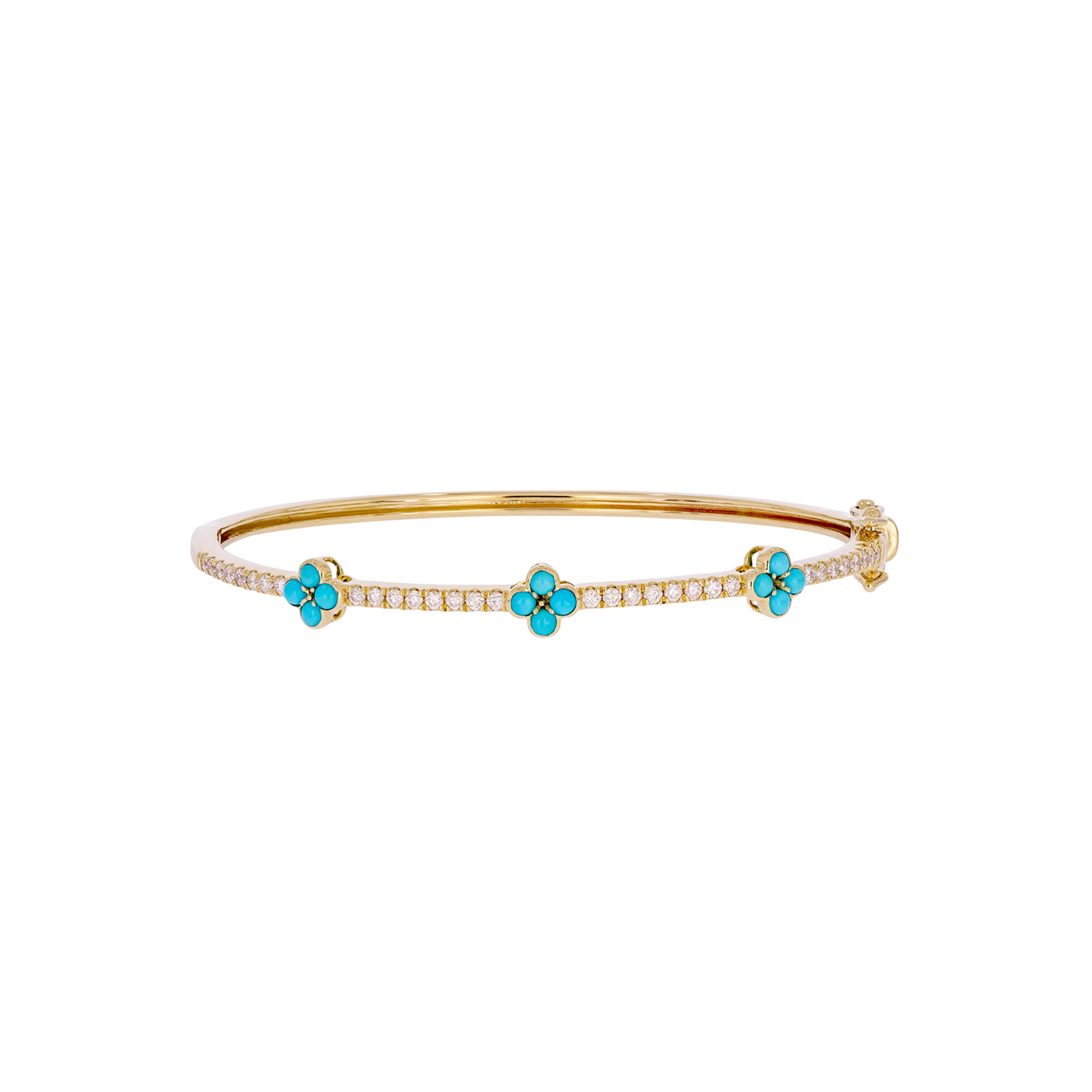 BNH68565TQ. 14K Solid Gold Diamond and Turquoise Flower Bangle