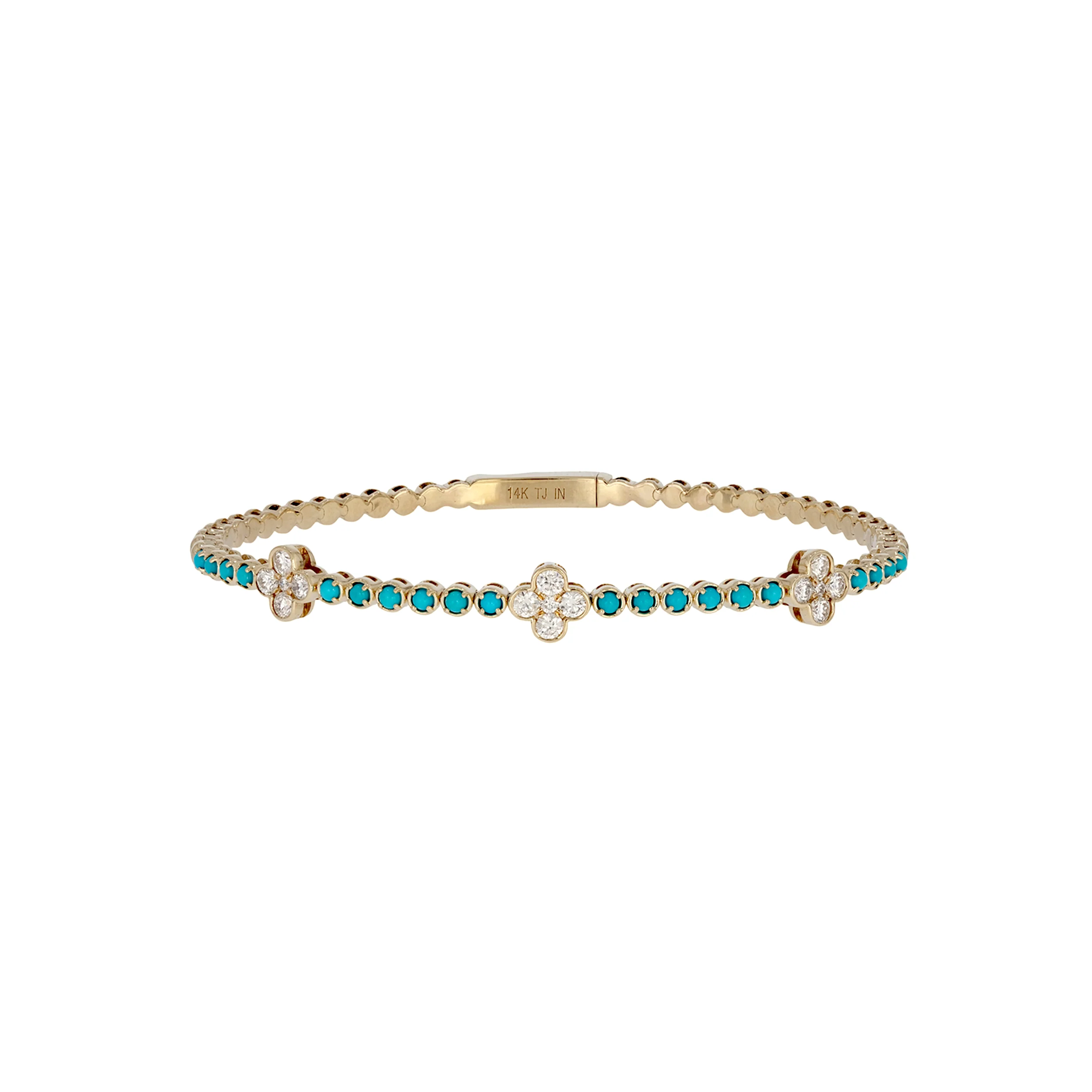 BNH68566TQ. 14K Solid Yellow Gold Diamond and Turquoise Bangle - Image 2