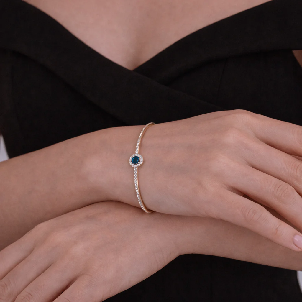BNJ68619B. 14K Gold Blue & White Diamond Elegant Open Bangle - Image 3