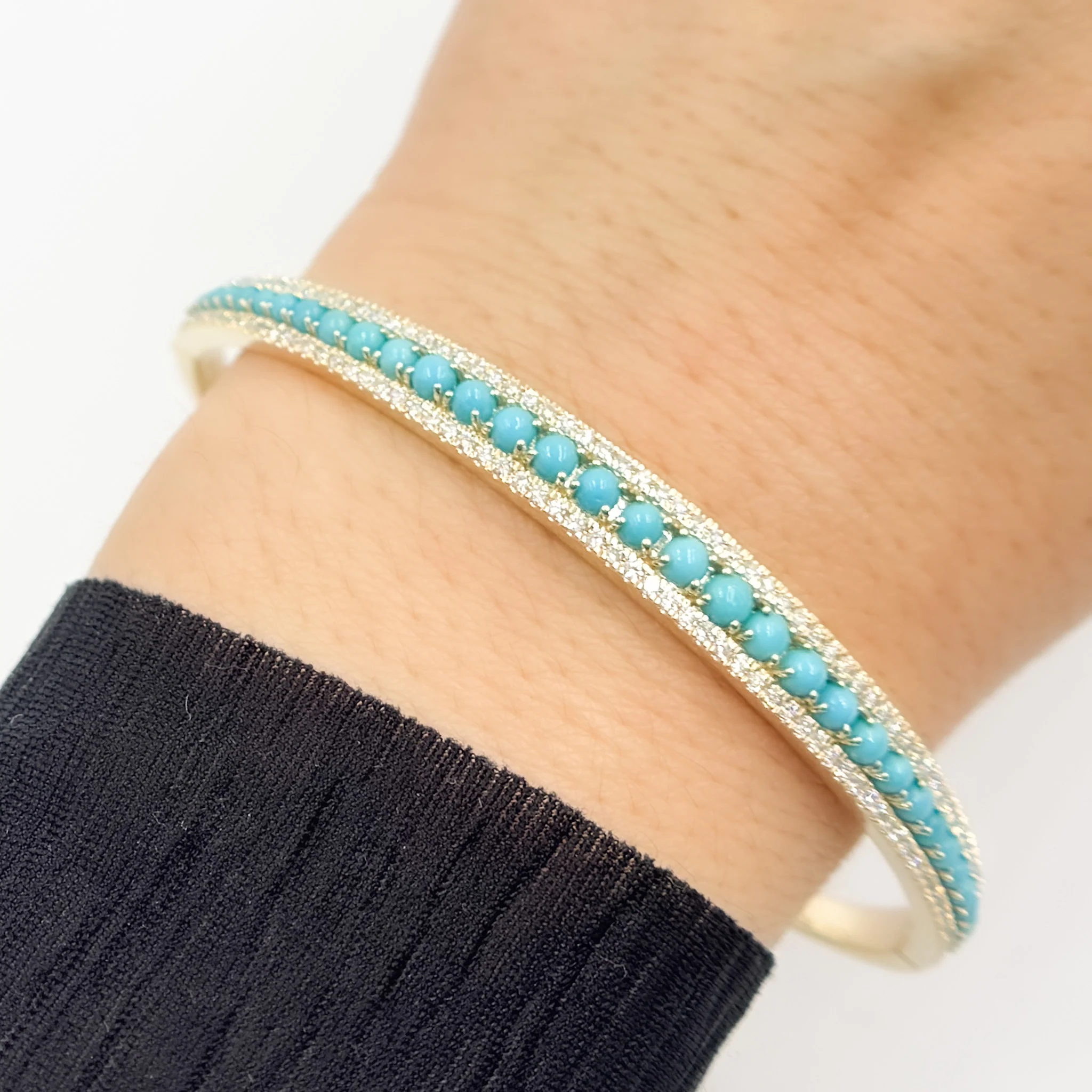 BNK68477TQ. 14K Solid Yellow Gold Turquoise and Diamond Fancy Bangle - Image 2