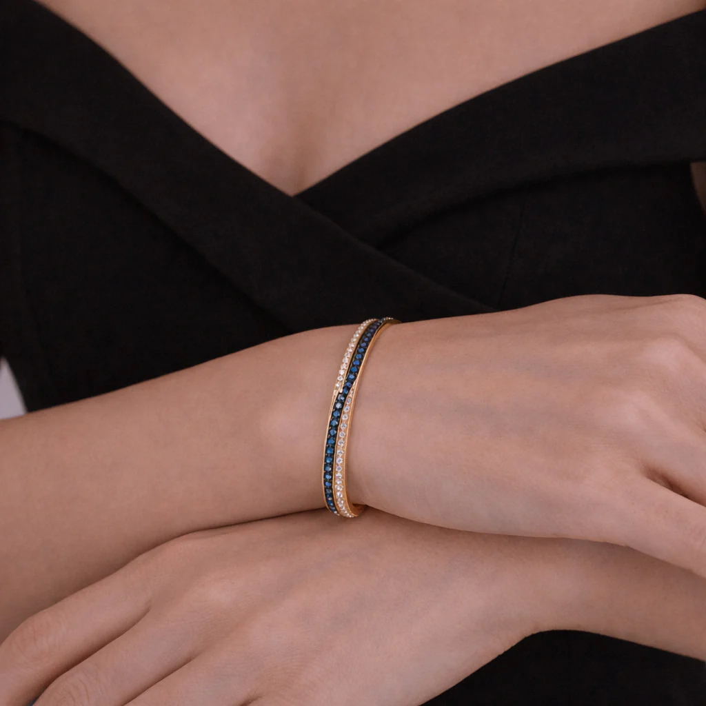 BNN68618B. 14K Solid Gold Blue Sapphire and Diamonds Twisted Bangle - Image 3