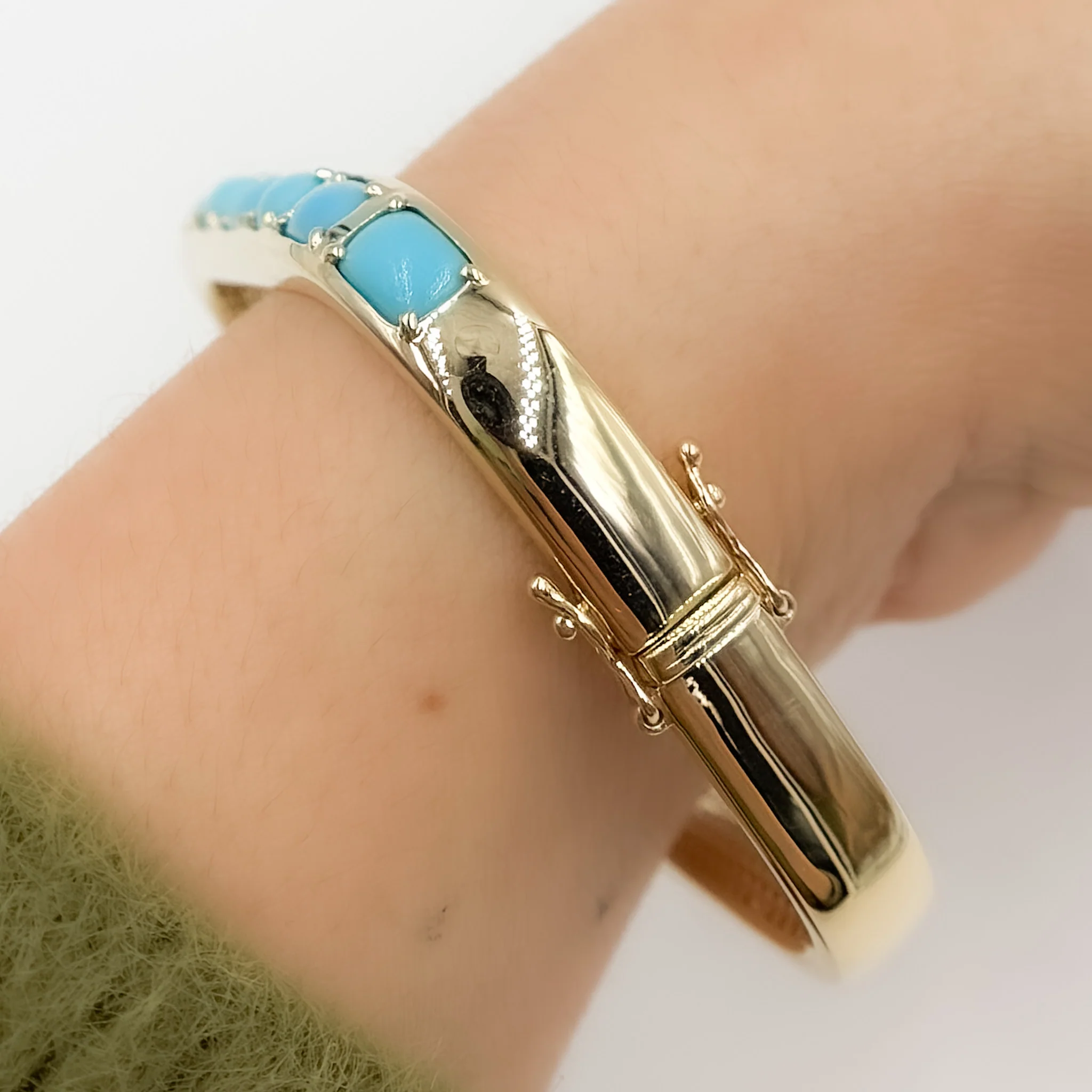 BNZ68318TQ. 14k Solid Gold Square Turquoise Bangle - Image 2