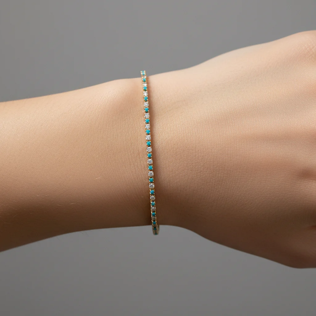 BTF65392TQ. 14k Solid Gold Diamond and Turquoise Beaded Bracelet - Image 2