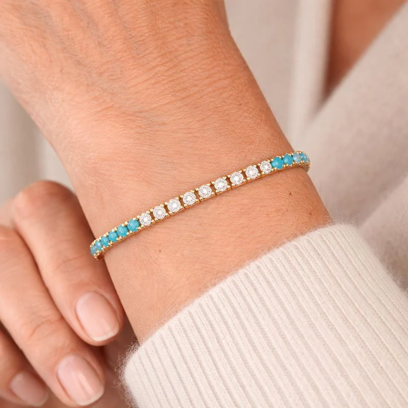 BTM68424TQ. 14K Solid Yellow Gold Diamond and Turquoise Bangle - Image 2