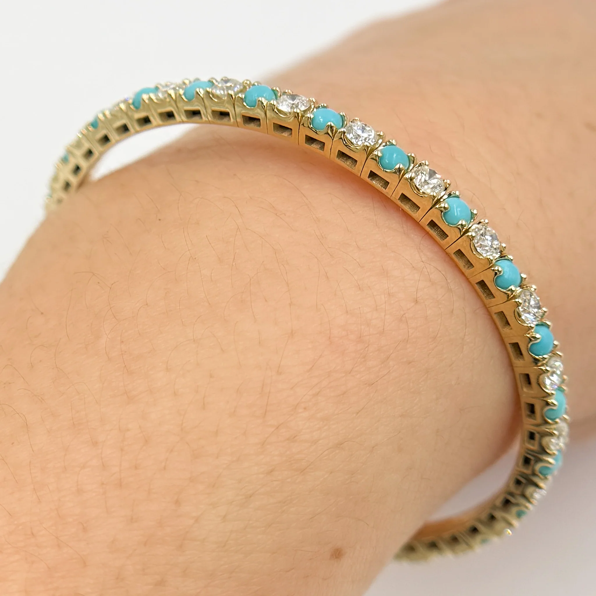 BTM68424TQO1. 14K Solid Yellow Gold Diamond and Turquoise Bangle - Image 2