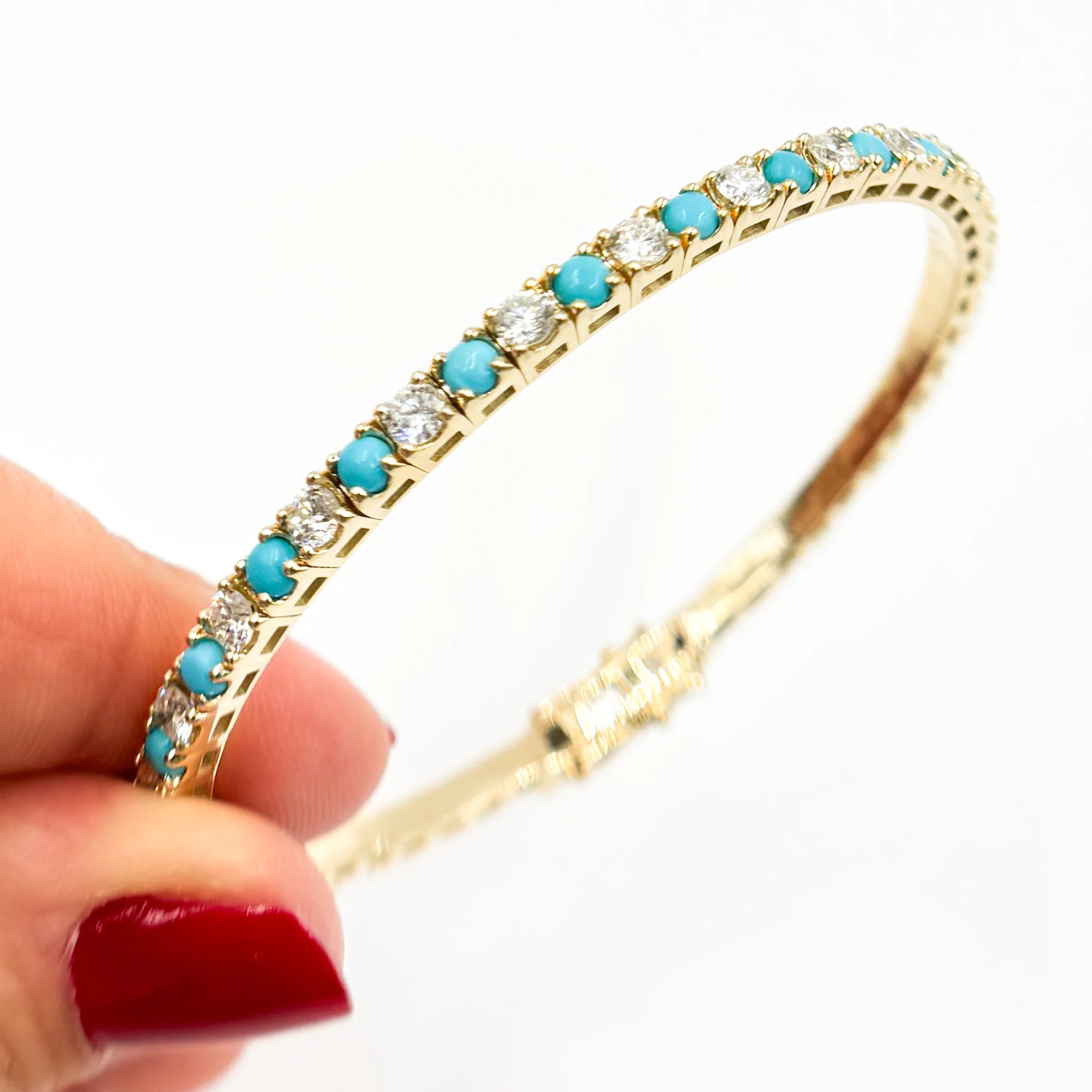 BTM68424TQO1. 14K Solid Yellow Gold Diamond and Turquoise Bangle - Image 3