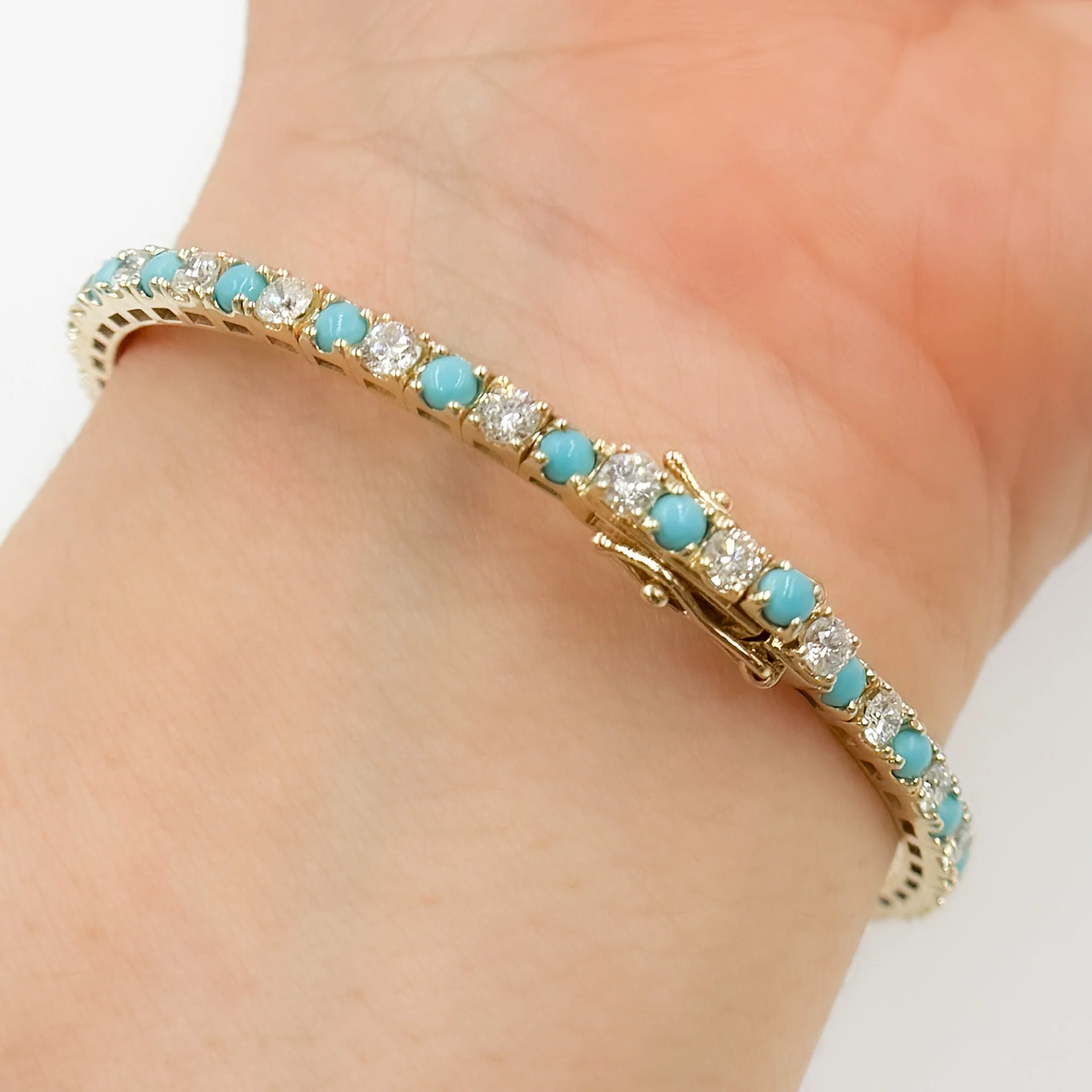BTM68424TQO1. 14K Solid Yellow Gold Diamond and Turquoise Bangle - Image 4