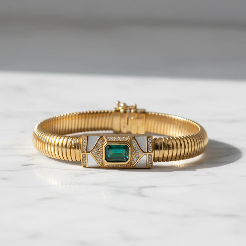 CB97170EM8X6. 14k Solid Gold Diamond, Emerald, and Mother of Pearl Fancy Bracelet