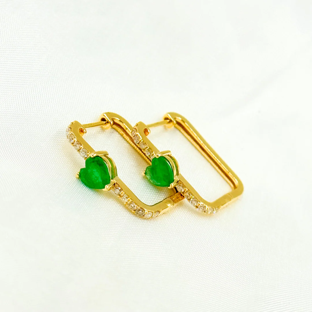 CE96338. 14K Solid Gold Diamond and Gemstone Heart Rectangle Hoops