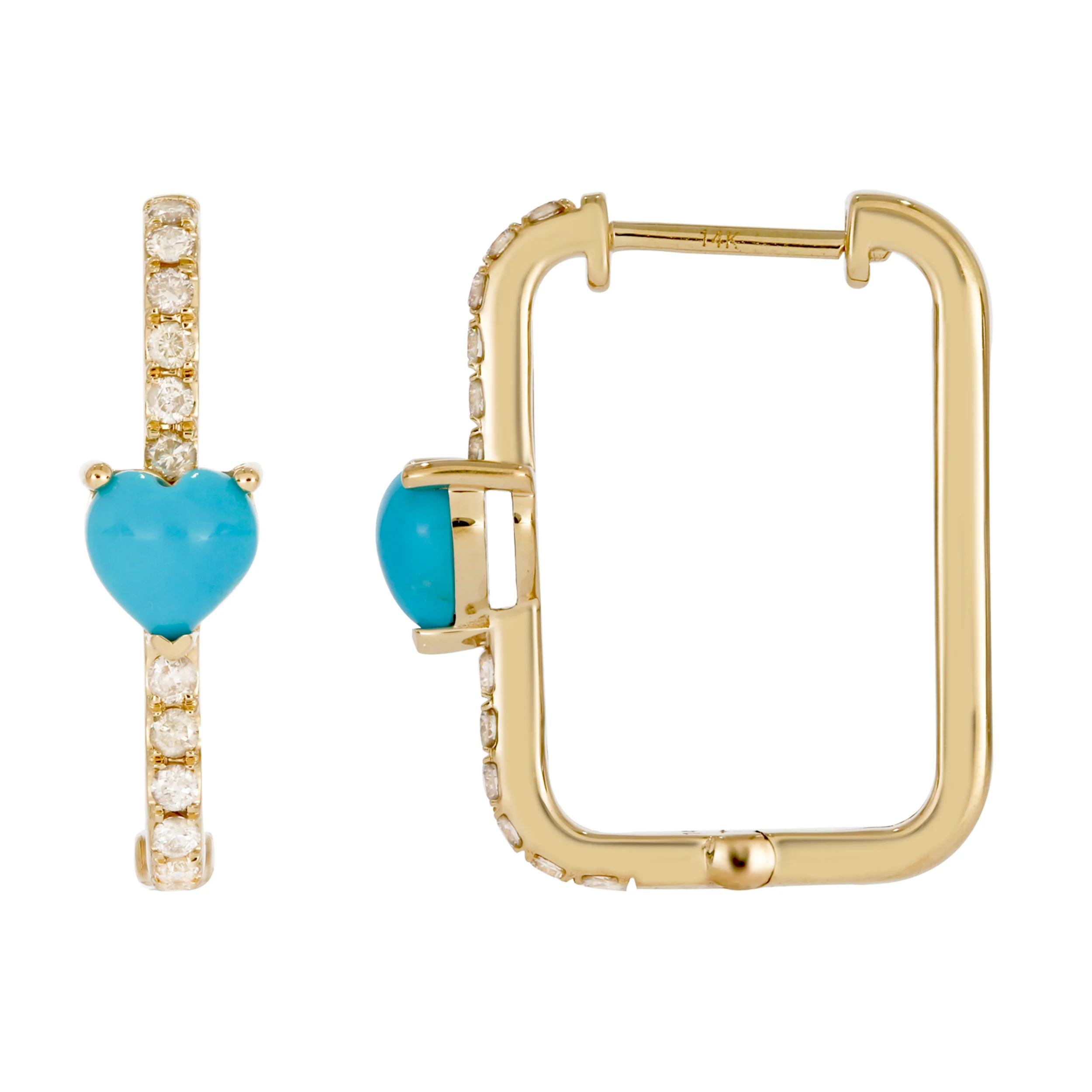 CE96338. 14K Solid Gold Diamond and Gemstone Heart Rectangle Hoops - Image 2
