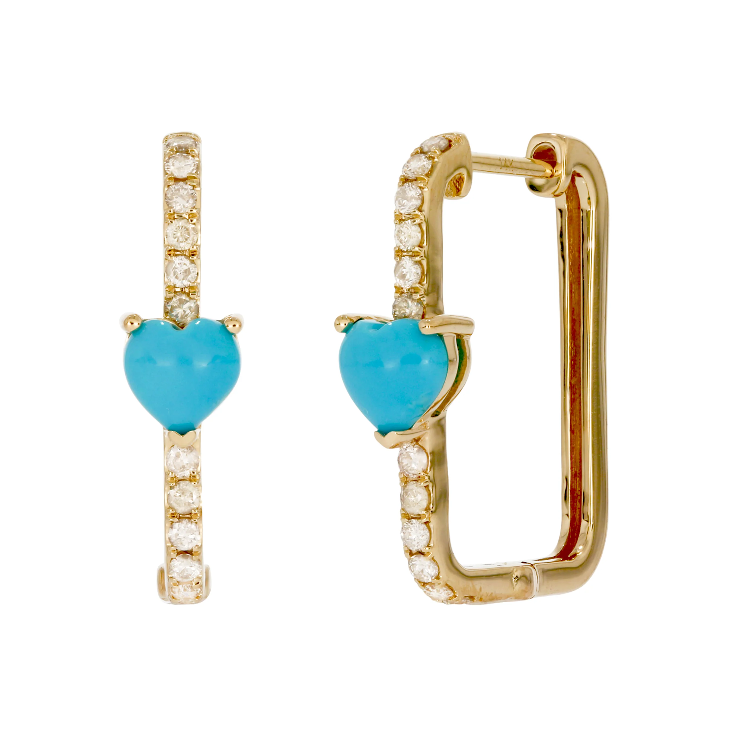 CE96338. 14K Solid Gold Diamond and Gemstone Heart Rectangle Hoops - Image 4