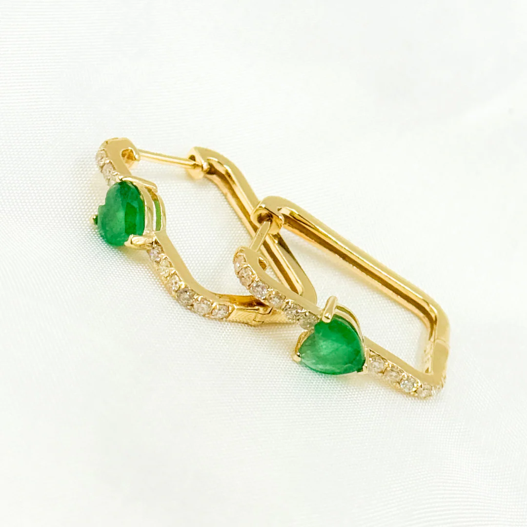 CE96338. 14K Solid Gold Diamond and Gemstone Heart Rectangle Hoops - Image 7