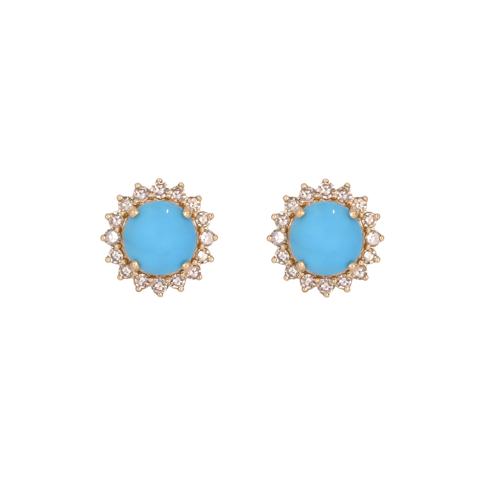 CE96381TQ5. 14K Solid Yellow Gold Diamond and Turquoise Round Stud Earring - Image 2
