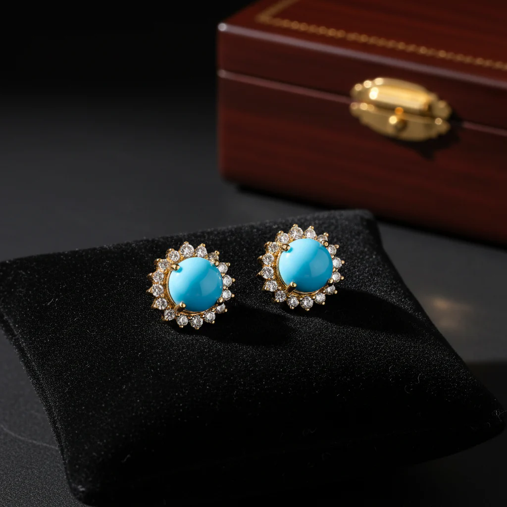 CE96381TQ5. 14K Solid Yellow Gold Diamond and Turquoise Round Stud Earring - Image 3