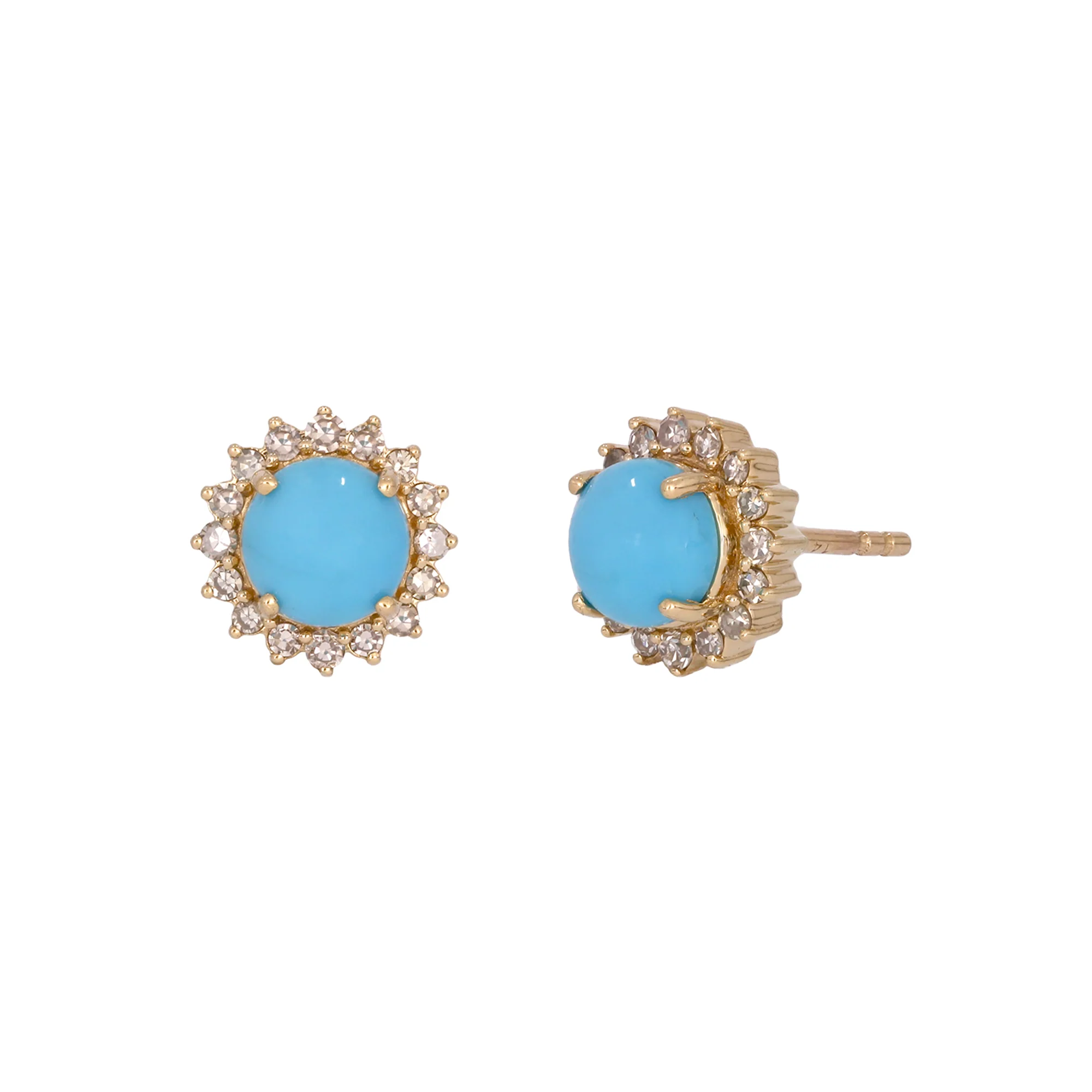 CE96381TQ5. 14K Solid Yellow Gold Diamond and Turquoise Round Stud Earring - Image 4