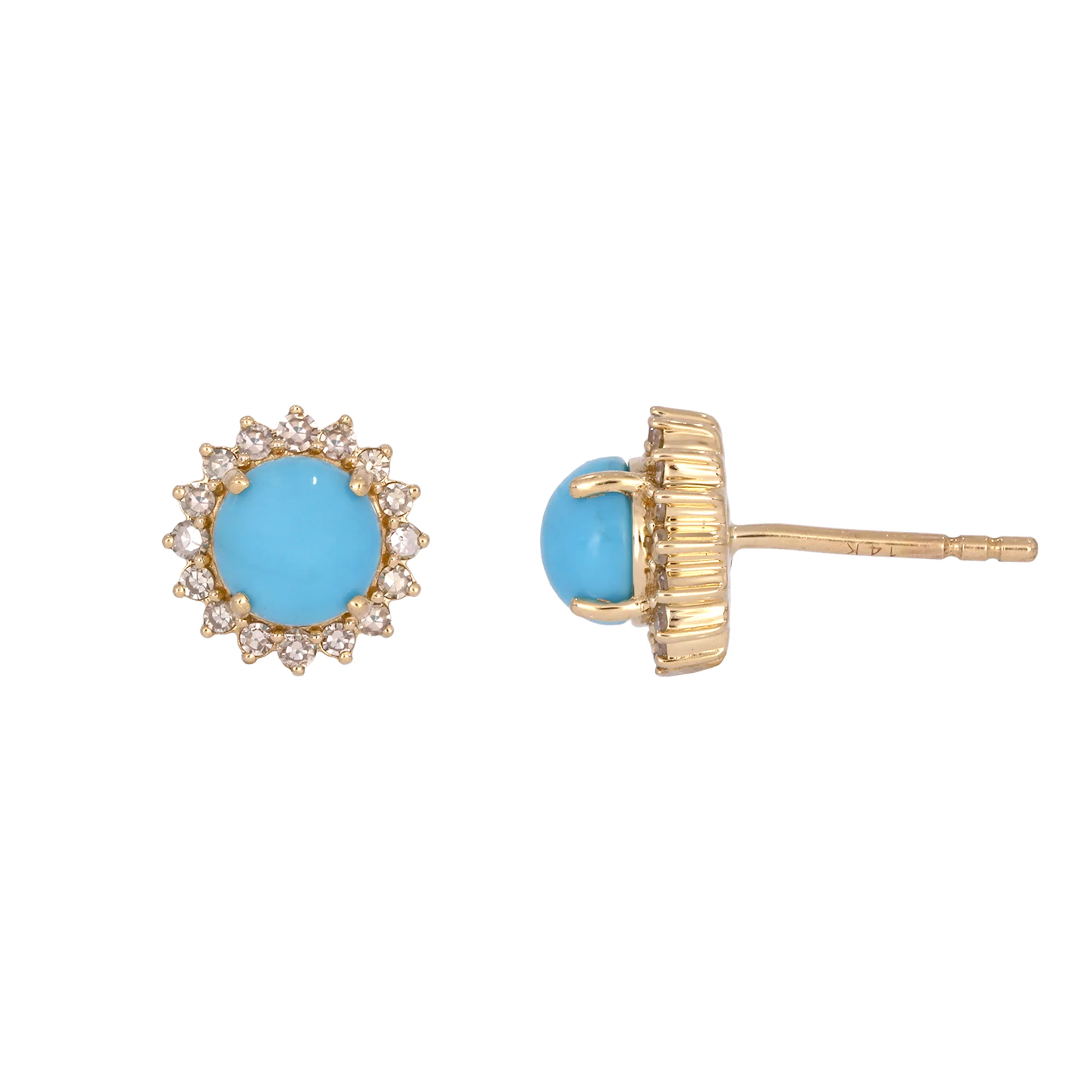 CE96381TQ5. 14K Solid Yellow Gold Diamond and Turquoise Round Stud Earring - Image 5
