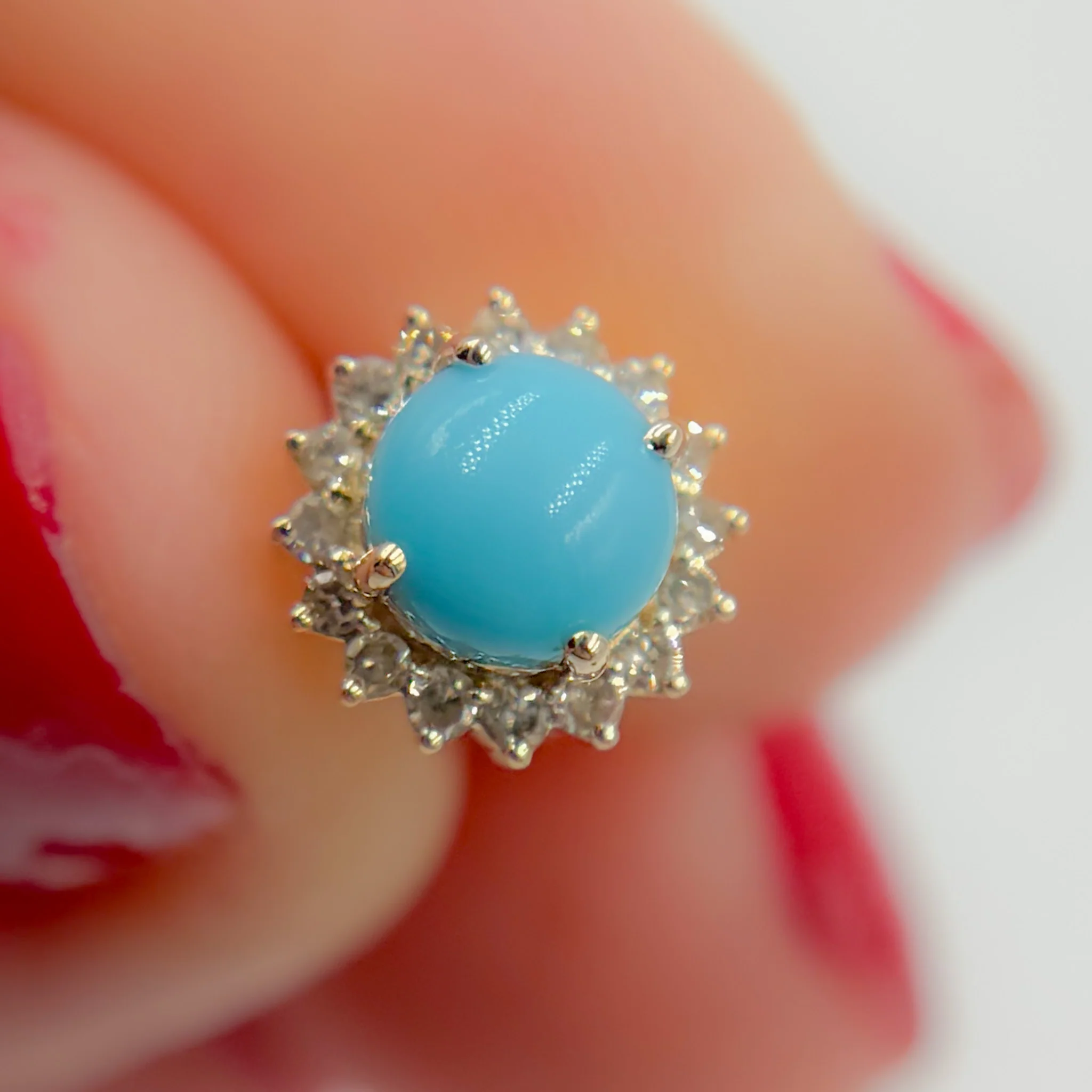 CE96381TQ5. 14K Solid Yellow Gold Diamond and Turquoise Round Stud Earring - Image 7
