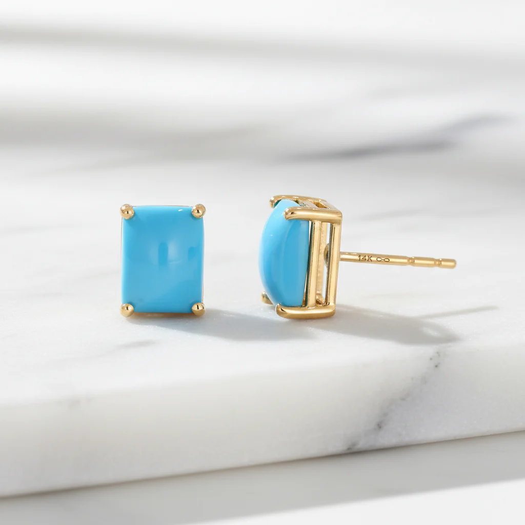 CE96806TQ8X6. 14K Solid Yellow Gold Turquoise Rectangle Stud Earring - Image 2