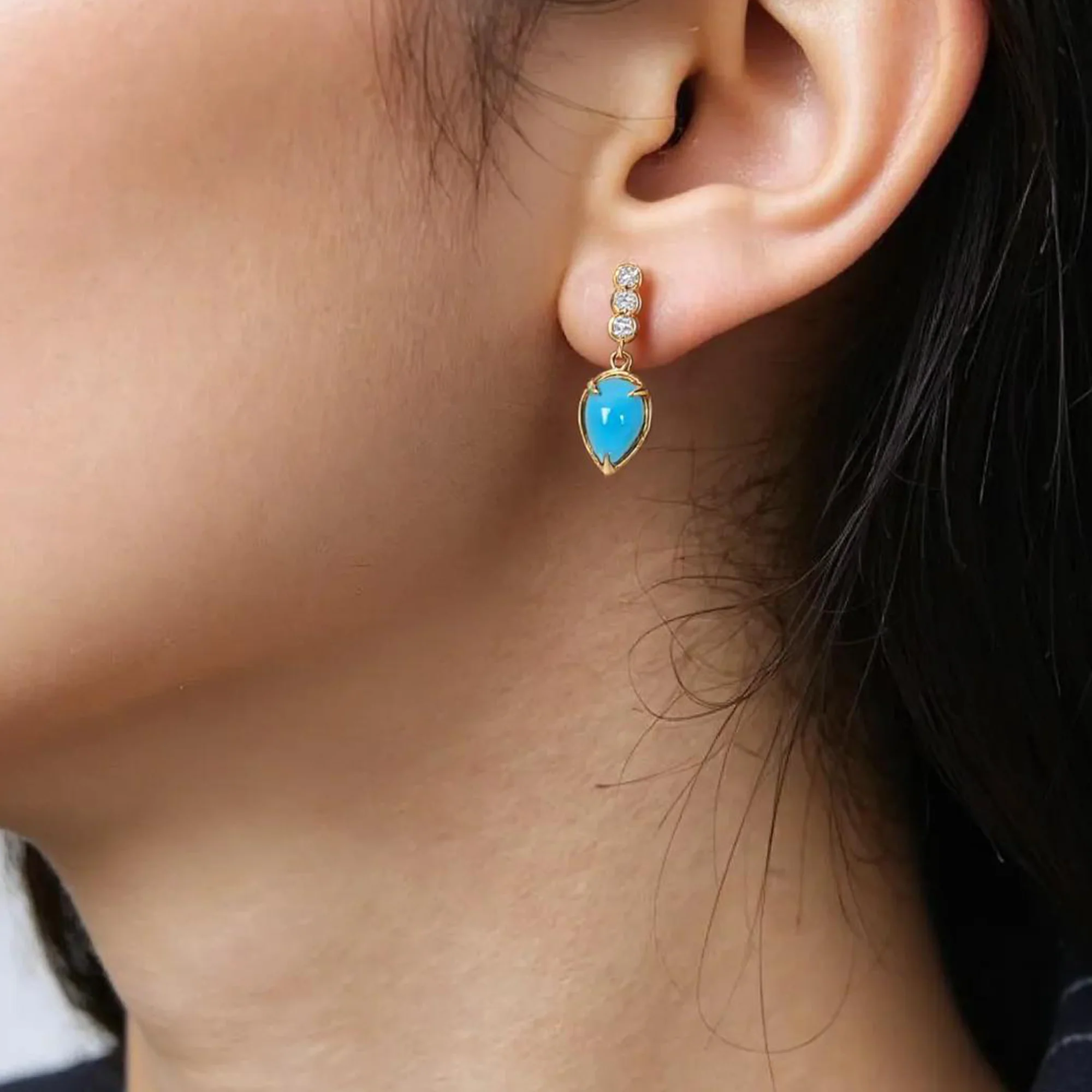 CE96808TQ6X4. 14K Solid Gold Diamonds and Turquoise Drop Dangle Earrings - Image 2