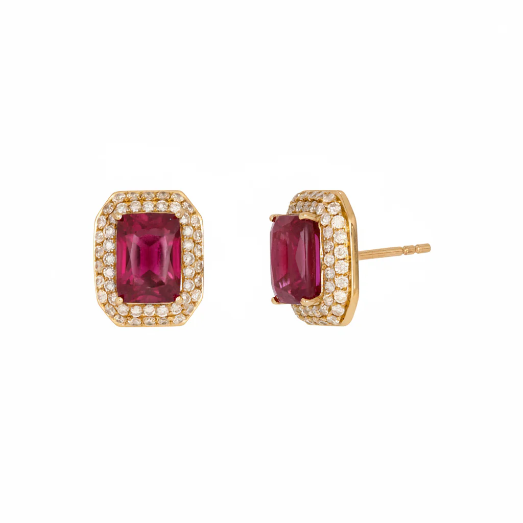 CE97162RU7X5. 14K Solid Gold Diamonds and Ruby Rectangular Stud Earrings - Image 2