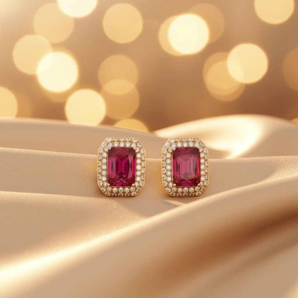 CE97162RU7X5. 14K Solid Gold Diamonds and Ruby Rectangular Stud Earrings - Image 3
