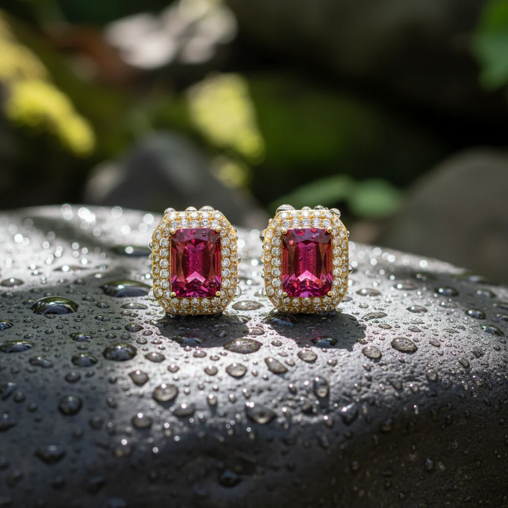 CE97162RU7X5. 14K Solid Gold Diamonds and Ruby Rectangular Stud Earrings - Image 4