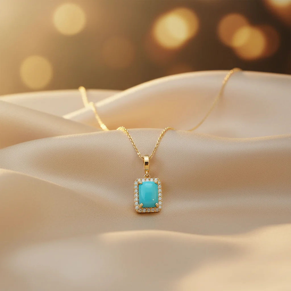 CMD00365TQ8X6. 14K Solid Gold Rectangular-Shaped Turquoise and Diamond Charm