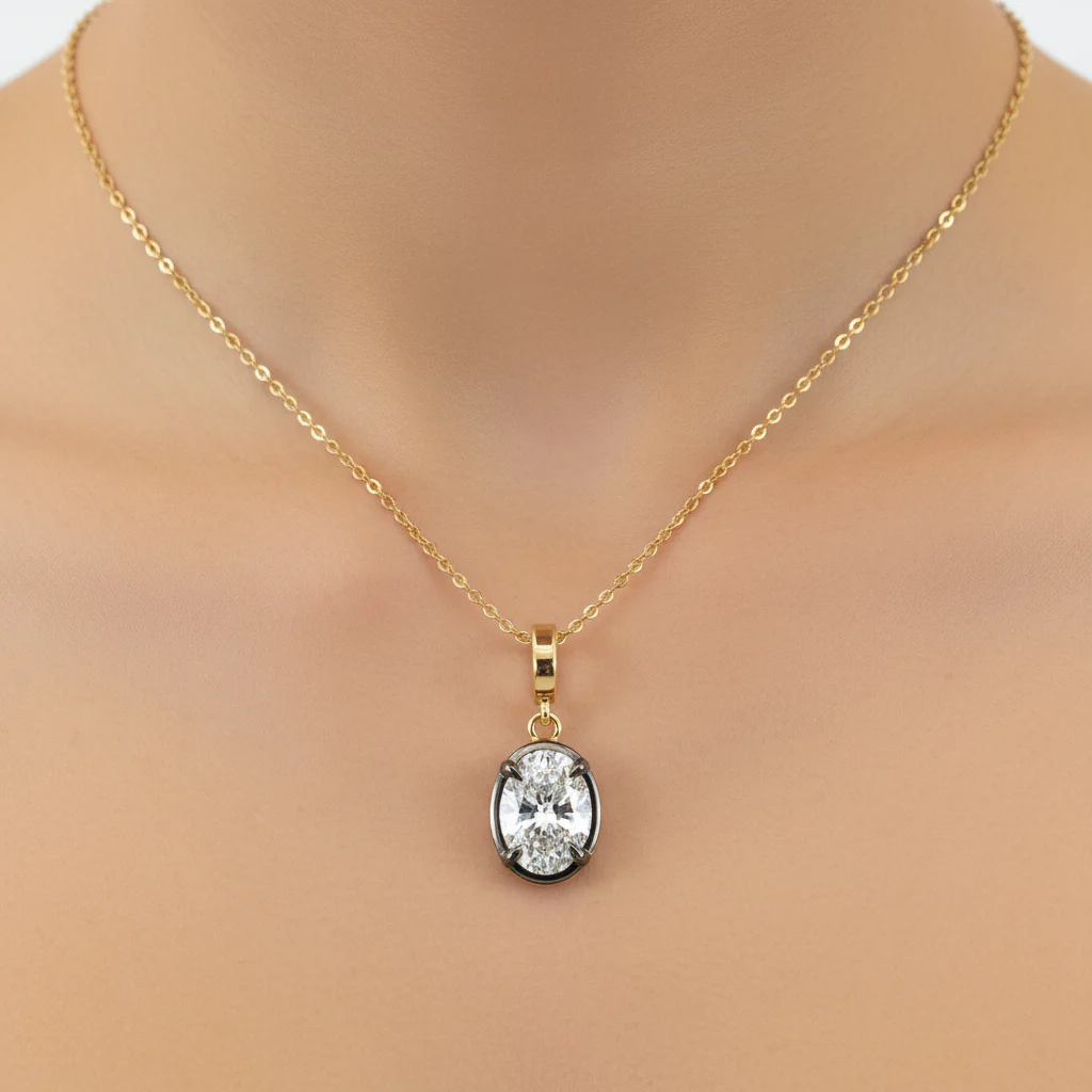 CMN00354. 14K Solid Gold Oval-Shaped Diamond Charm - Image 4