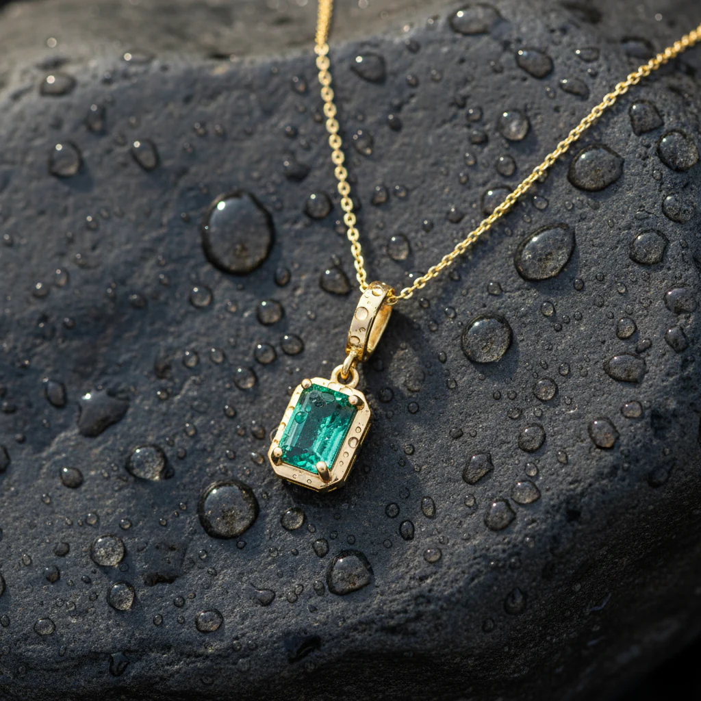 CMZ00366EM6X4. 14K Solid Gold Rectangular-Shaped Emerald Charm - Image 3