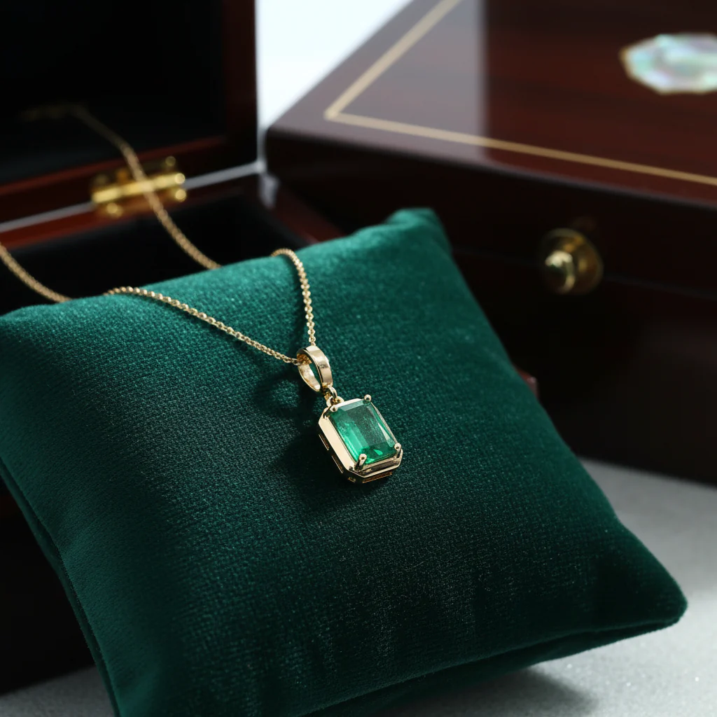 CMZ00366EM7X5. 14K Solid Gold Rectangular-Shaped Emerald Charm - Image 3
