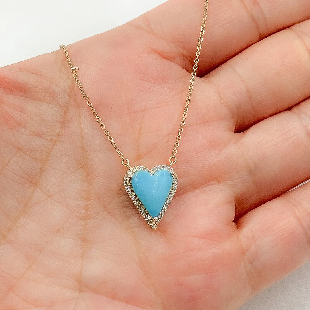 CN96244TQ. 14k Solid Gold Diamond and Turquoise Heart Necklace - Image 4