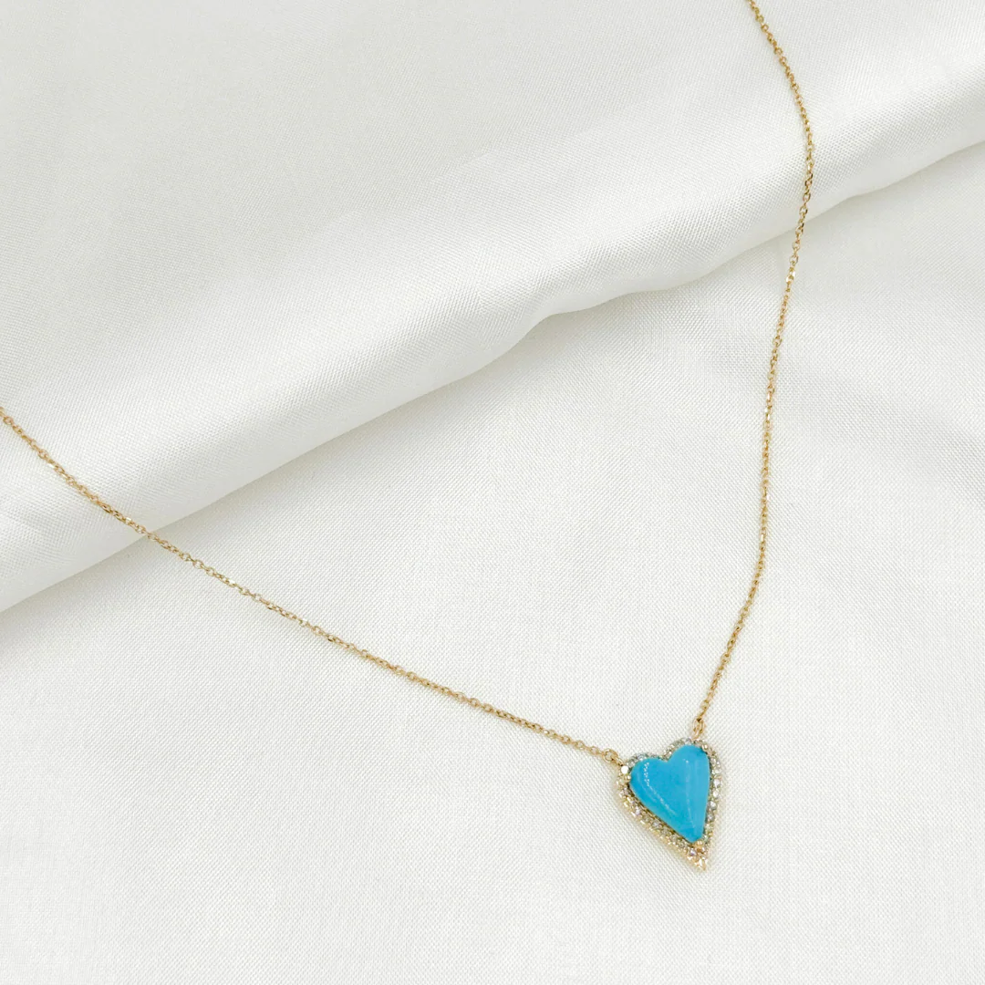CN96244TQ. 14k Solid Gold Diamond and Turquoise Heart Necklace - Image 5