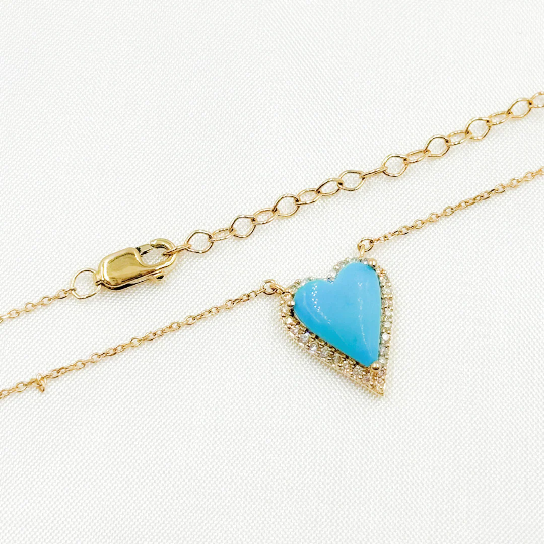 CN96244TQ. 14k Solid Gold Diamond and Turquoise Heart Necklace - Image 6