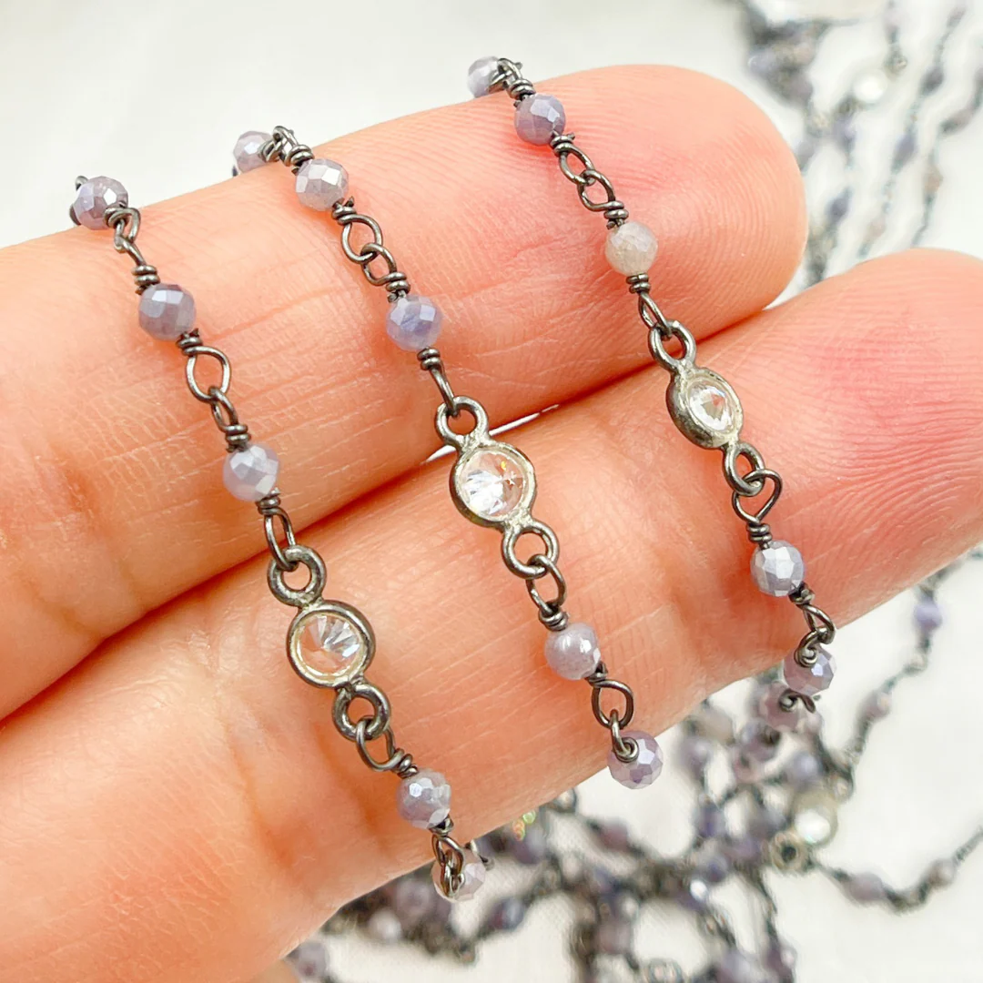 Coated Blue Quartz & Round CZ Wire Wrap Chain. CQU28 - Image 4
