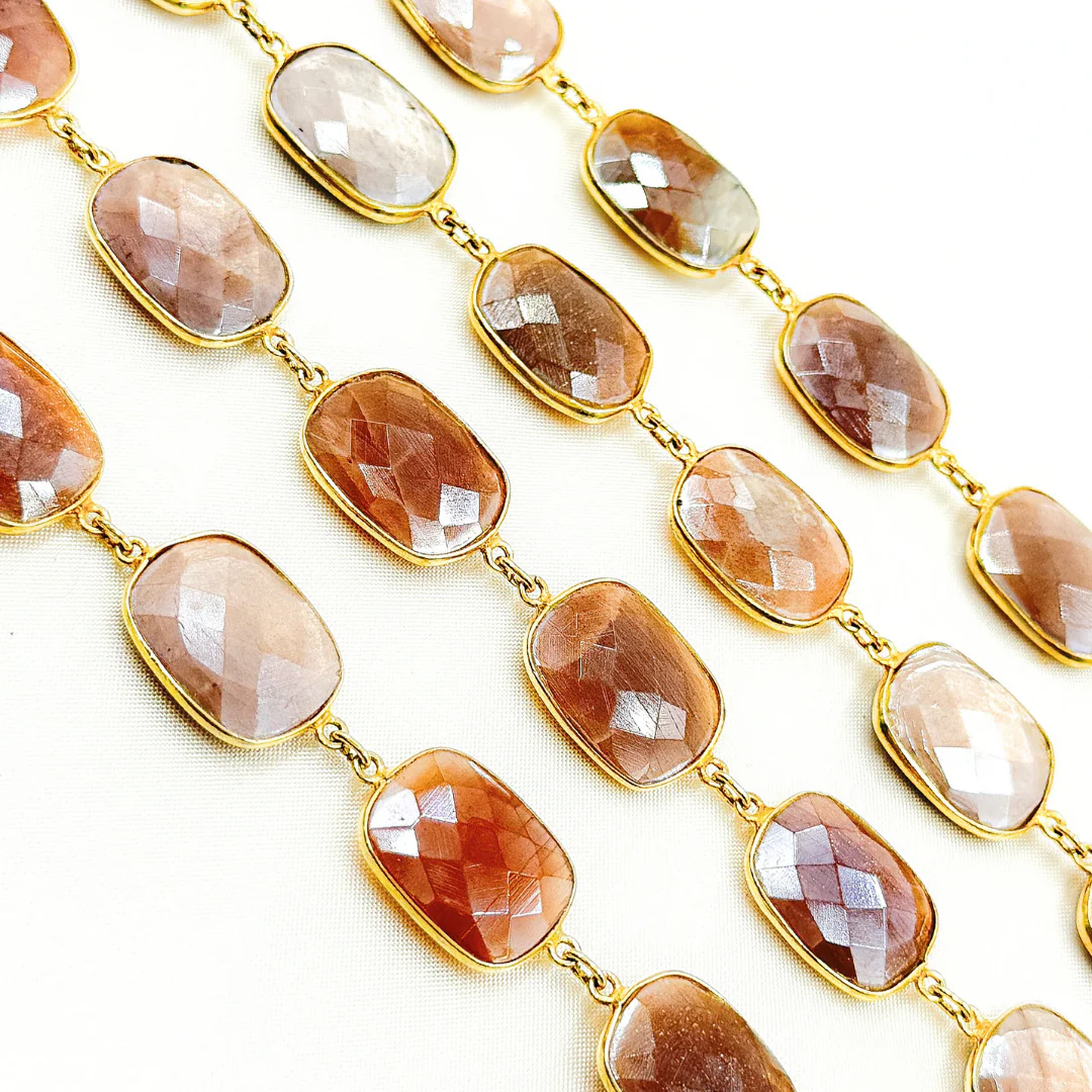 Coated Chocolate Moonstone Rectangular Shape Bezel Gold Plated Silver Wire Chain. CMS29 - Image 3