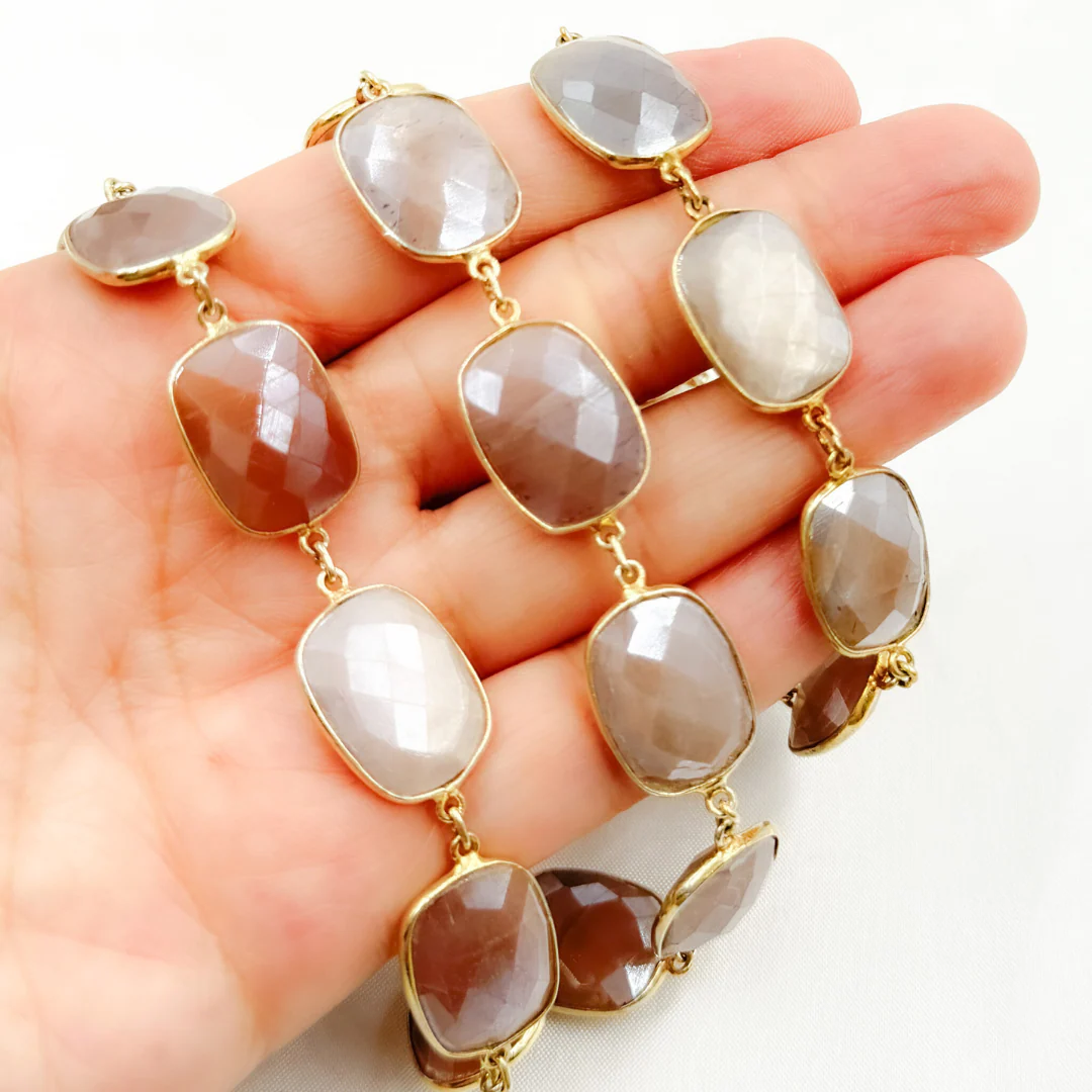 Coated Chocolate Moonstone Rectangular Shape Bezel Gold Plated Silver Wire Chain. CMS29 - Image 4