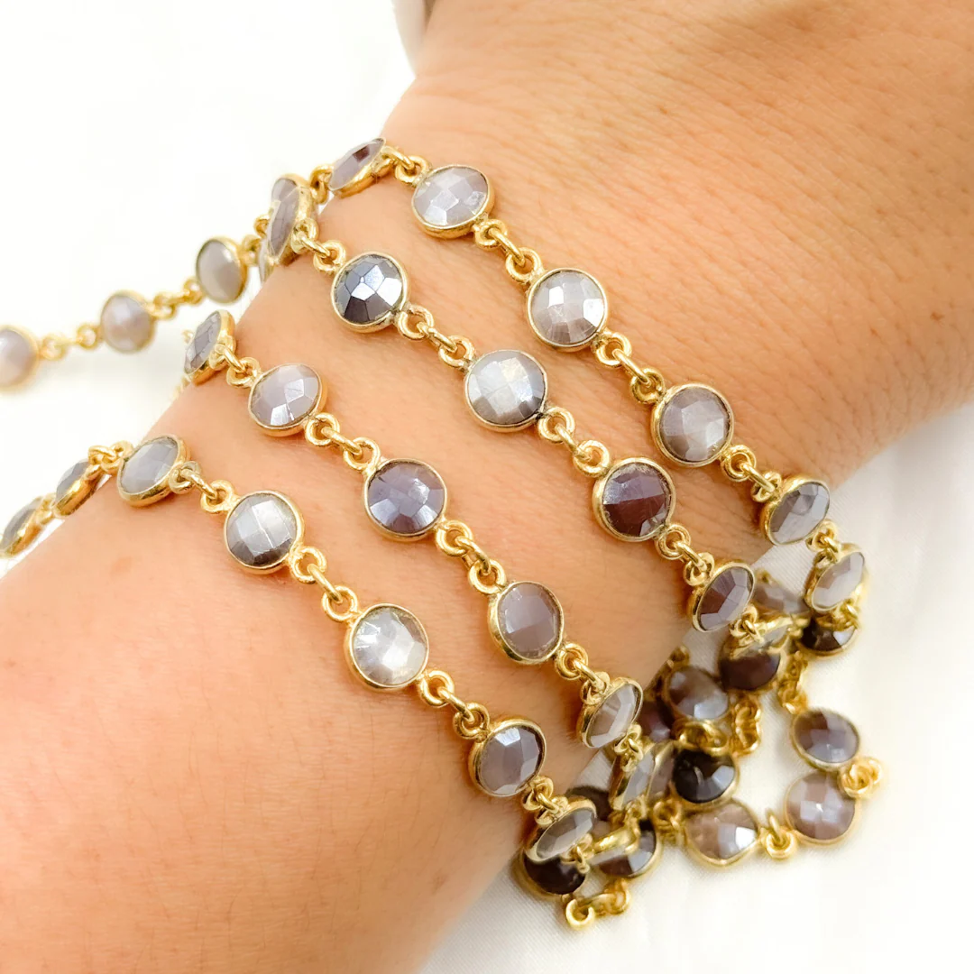 Coated Chocolate Moonstone Round Shape Bezel Gold Plated Wire Chain. CMS10 - Image 3