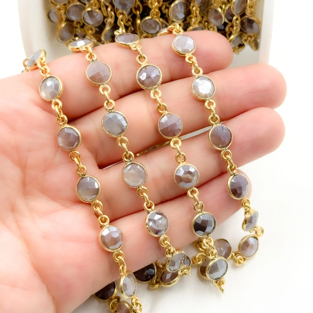 Coated Chocolate Moonstone Round Shape Bezel Gold Plated Wire Chain. CMS10 - Image 4