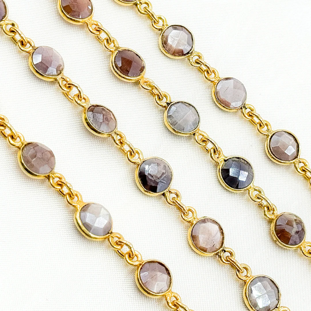 Coated Chocolate Moonstone Round Shape Bezel Gold Plated Wire Chain. CMS10 - Image 5