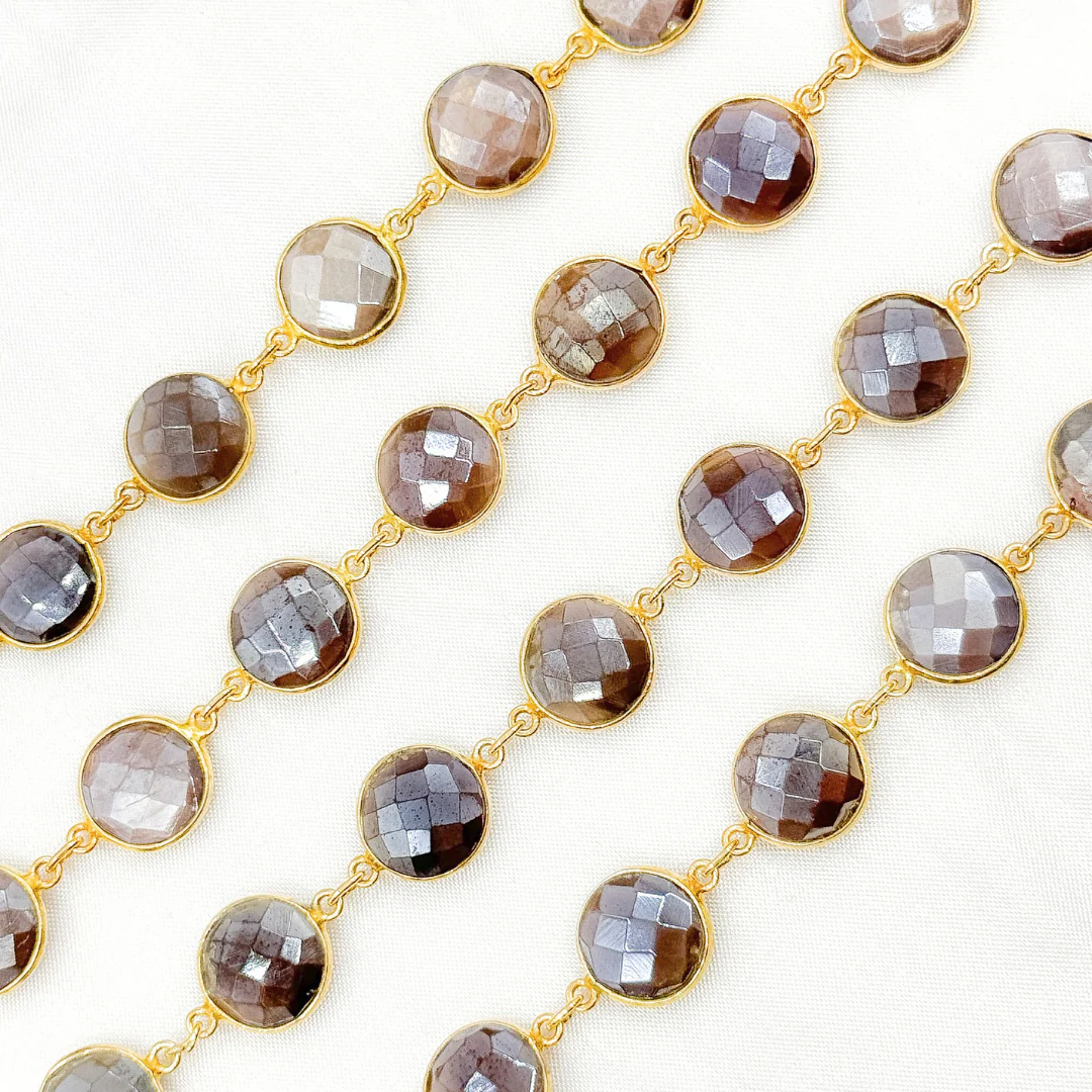 Coated Chocolate Moonstone Round Shape Bezel Gold Plated Wire Chain. CMS25 - Image 2