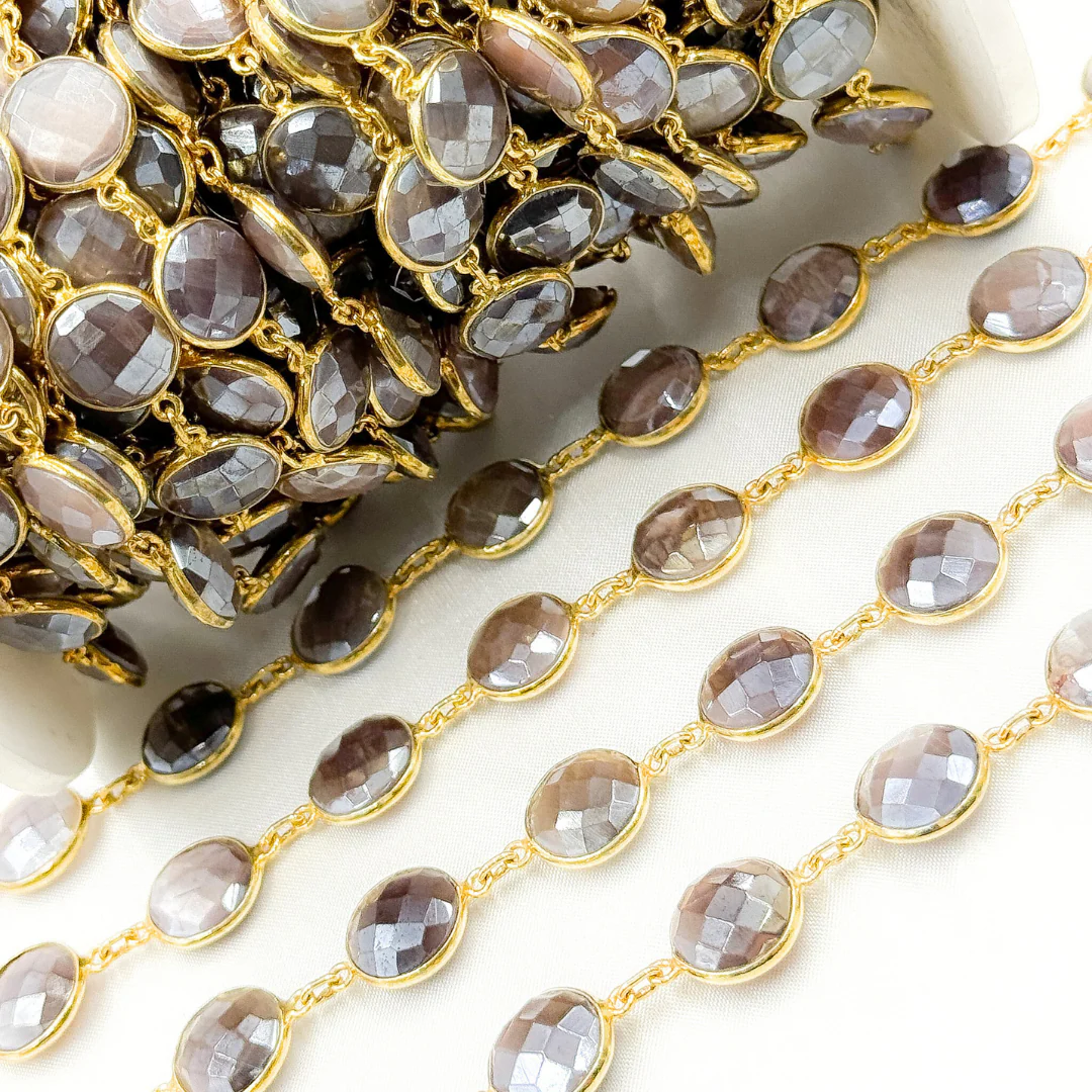 Coated Chocolate Moonstone Round Shape Bezel Gold Plated Wire Chain. CMS25 - Image 3