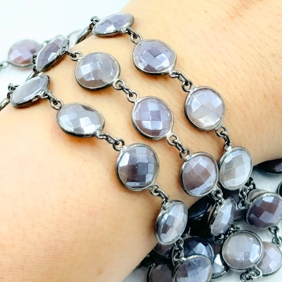 Coated Chocolate Moonstone Round Shape Bezel Oxidized Wire Chain. CMS14 - Image 4