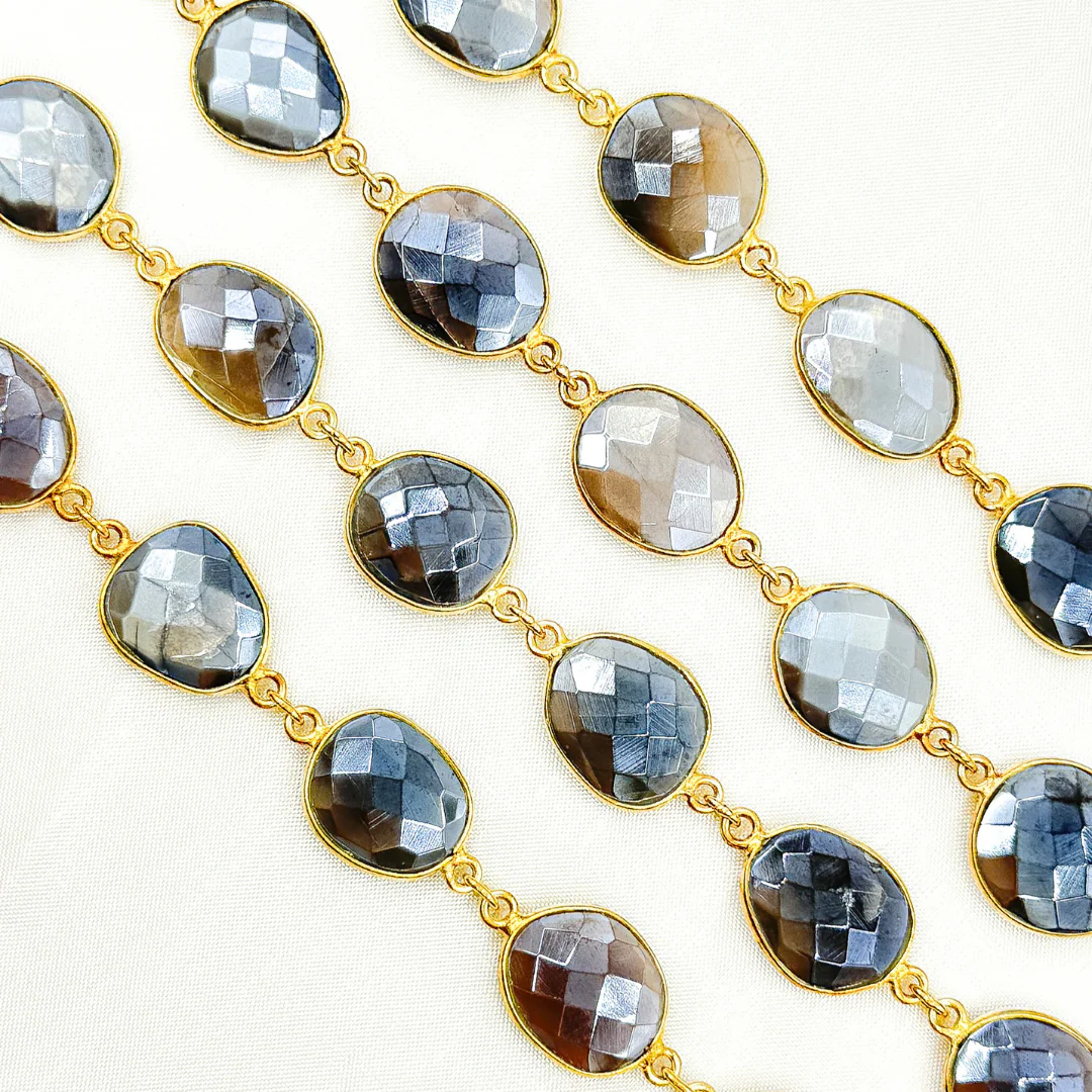 Coated Grey Moonstone Organic Shape Bezel Gold Plated Wire Chain. CMS28 - Image 3