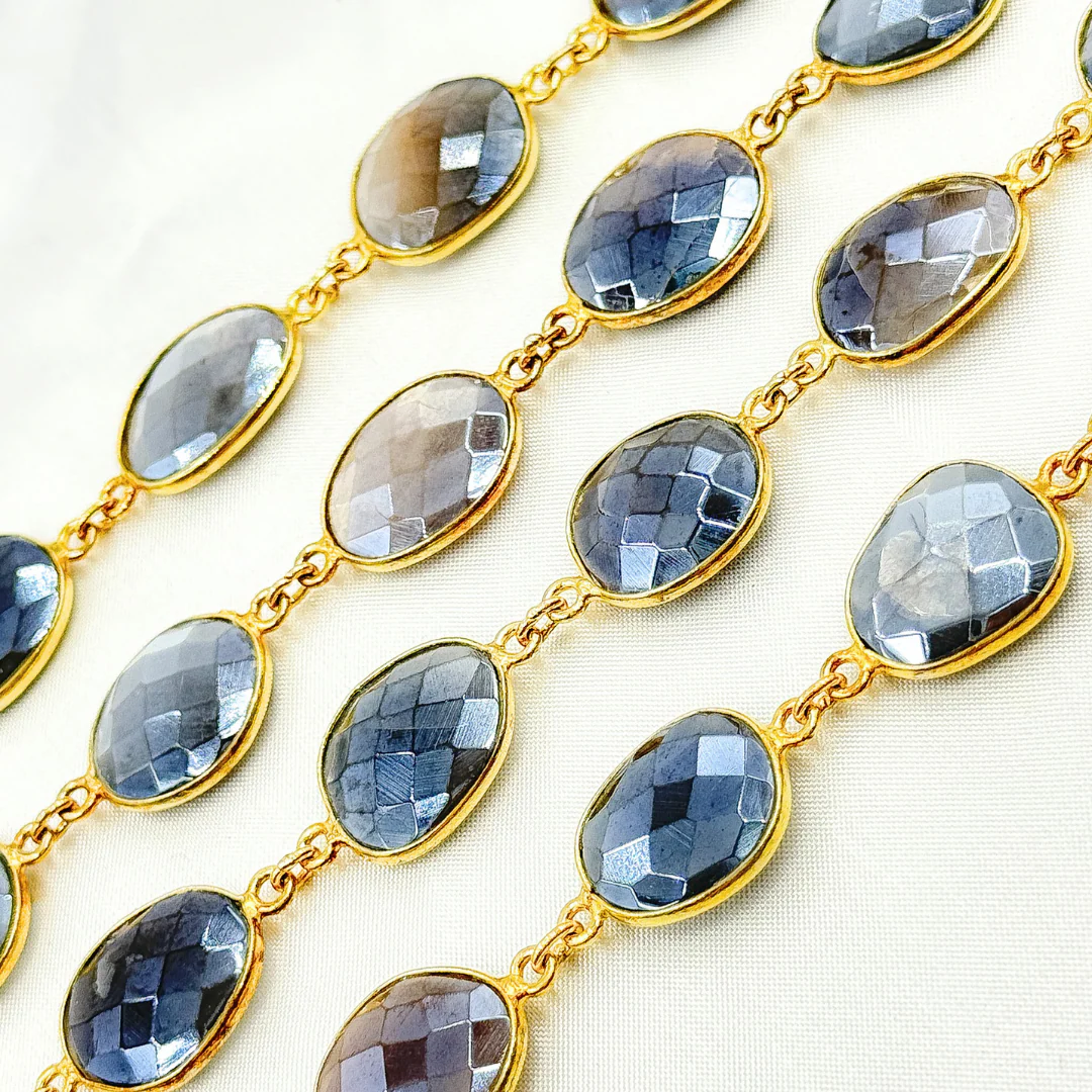 Coated Grey Moonstone Organic Shape Bezel Gold Plated Wire Chain. CMS28 - Image 4